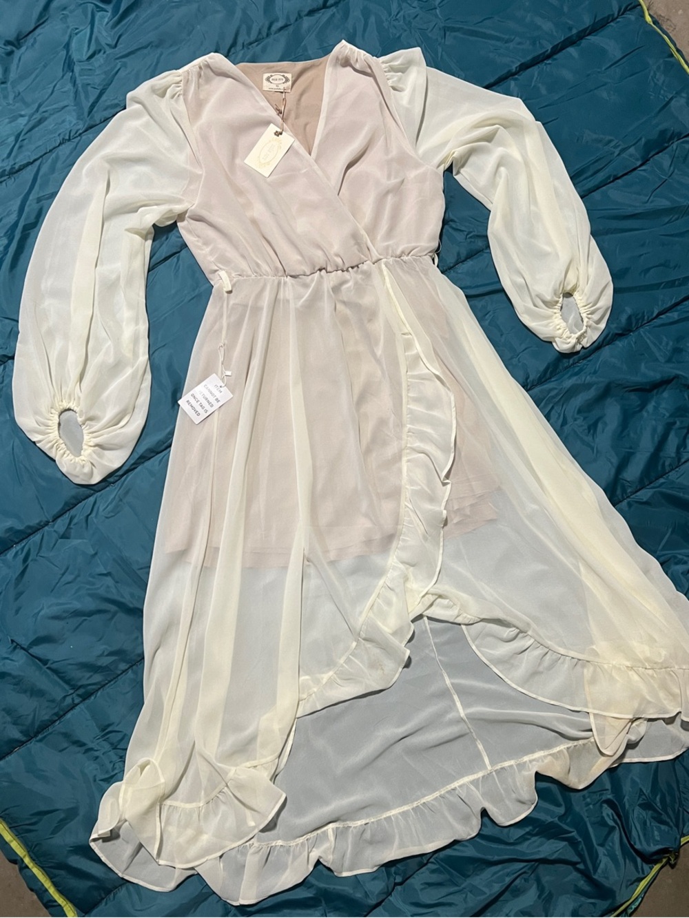 Women's Long Sleeve Ruffle Wrap Dress - Cream
